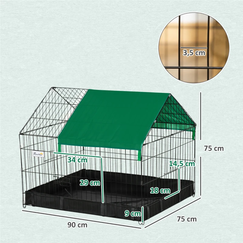 PawHut Jaula para Animales Pequeños con 2 Puertas Parque para Mascotas con Toldo y Base con Tela 90x75x75 cm Negro y Verde