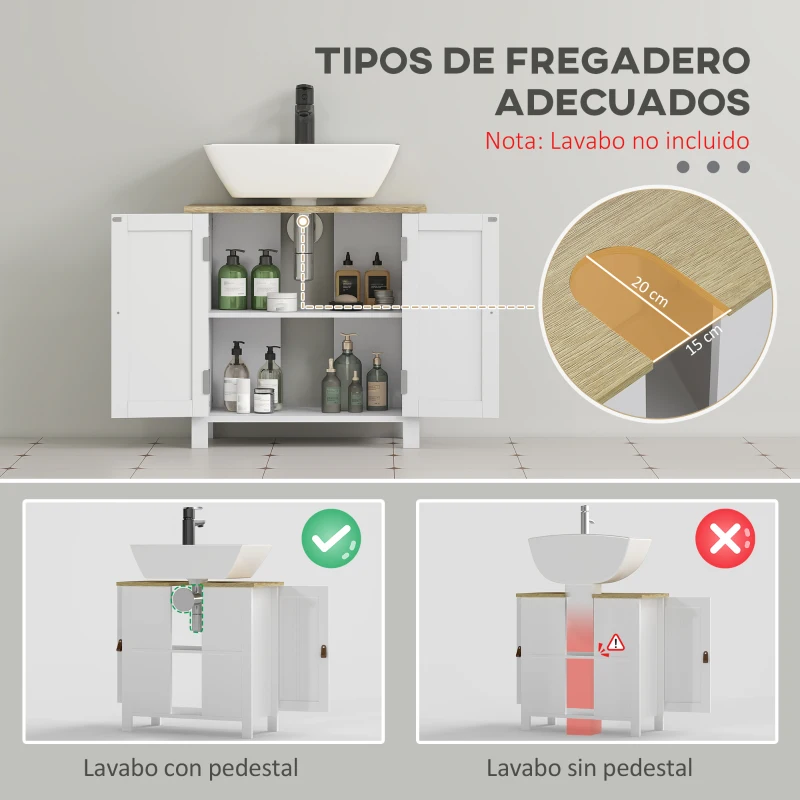 kleankin Mueble bajo Lavabo Mueble de Lavabo con Pie con 2 Puertas 2 Mangos y Estante Ajustable sin Lavabo 60x30x60 cm Blanco