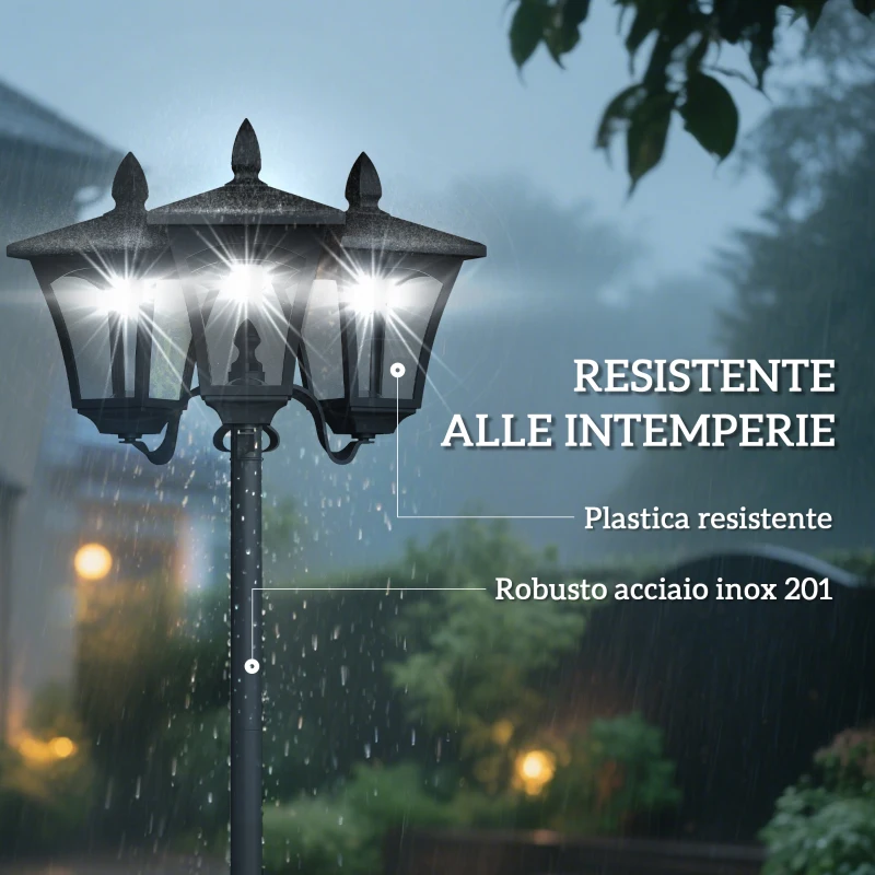 Outsunny Lampada da Giardino Solare 3 LED Lampada da Terra Esterno Classico IP44, 51.5x47x182.5cm