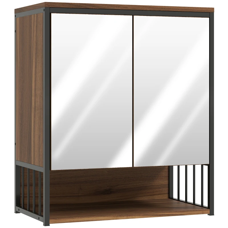 HOMCOM Armoire murale salle de bain avec miroir meuble salle de bain avec compartiment ouvert porte à fermeture amortie marron