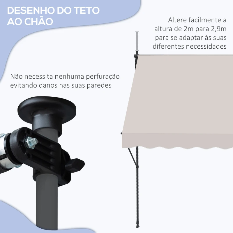 Outsunny Toldo Manual Retrátil Ajustável 200x170x200-290 cm com Manivela Proteção Solar UV40+ para Varanda Jardim Creme