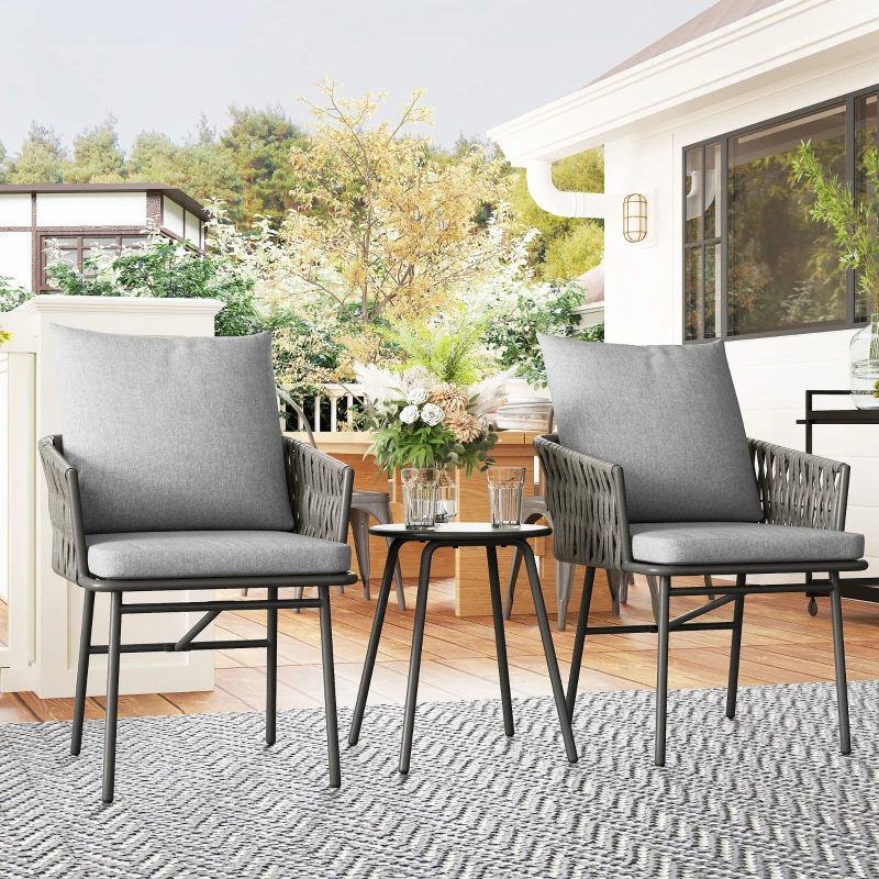 Outsunny Set di Mobili da Esterno 3 Pezzi con 2 Sedie e 1 Tavolo, Set Bistrò, Rattan Sintetico, Struttura in Acciaio, Tavolo in Metallo, 4 Cuscini, Grigio