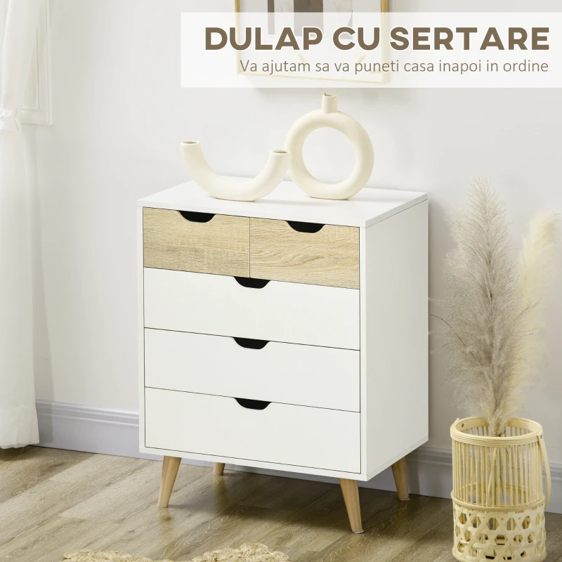 Homcom Comoda 5 Sertare – Lemn Alb, 60×40×77.5 cm