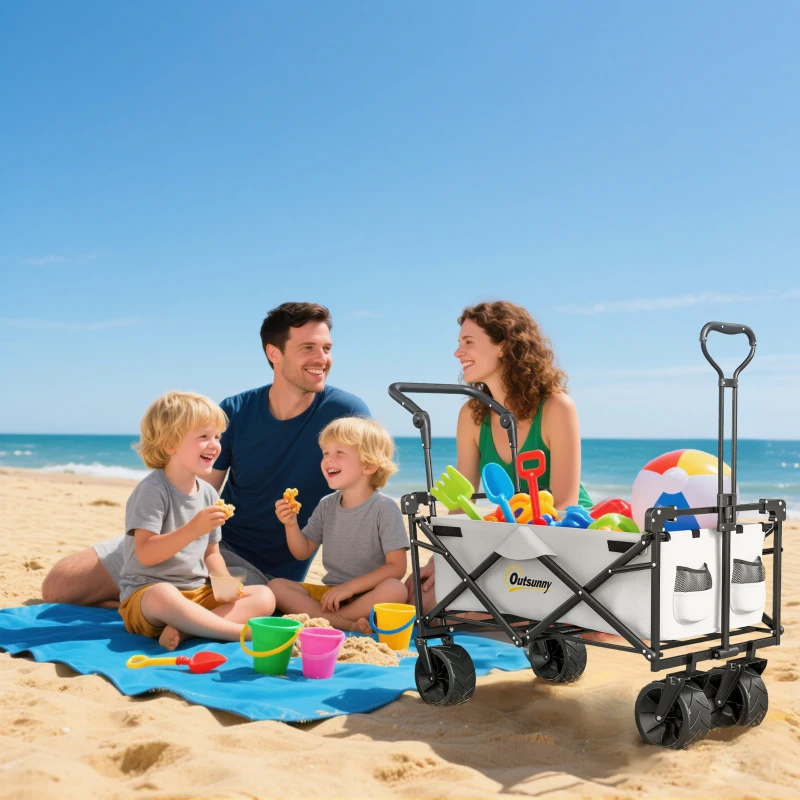 Outsunny Folding Trolley Cart Storage Wagon Beach Trailer 4 Wheels with Handle Overhead Canopy Cart Push Pull for Camping, Grey