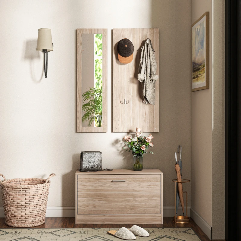 HOMCOM Set Mobili da Ingresso con Panca Scarpiera, Appendiabiti a Muro e Specchio, 80x27x46.5 cm, Marrone Scuro