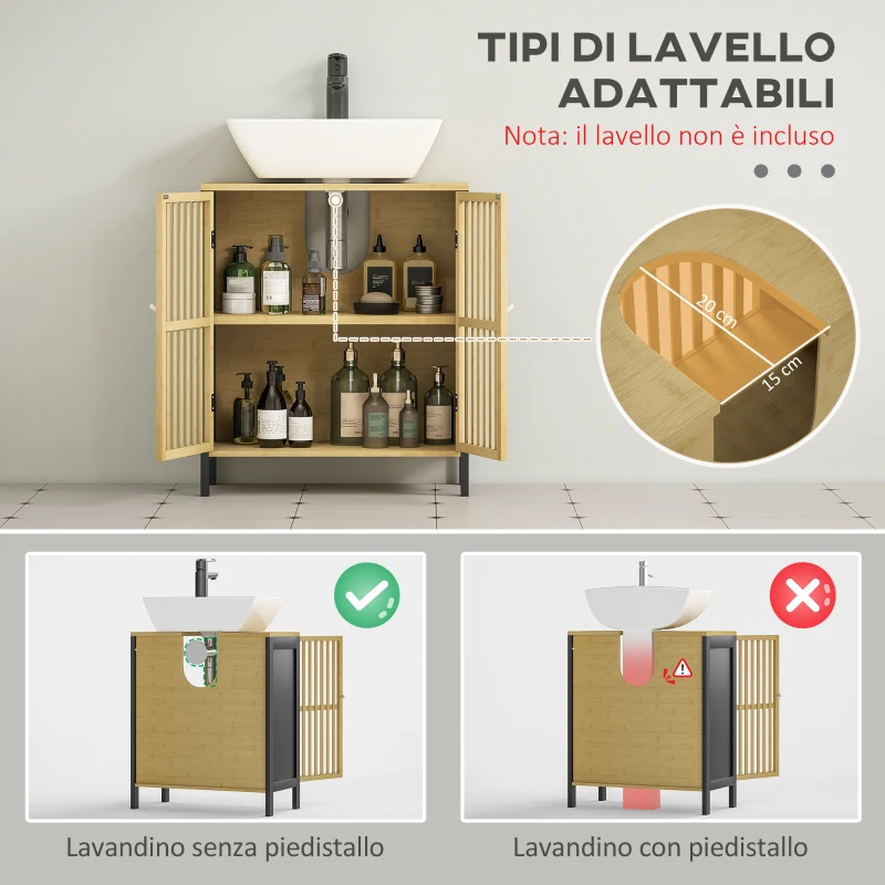 HOMCOM Mobile Sottolavabo Bagno con 2 Ante a Doghe in Legno di Bambù e MDF con Intaglio a U, 60x30x70cm