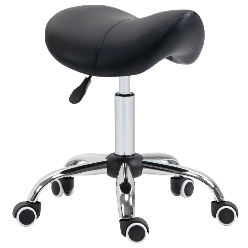 HOMCOM Cosmetic Stool 360° Rotate Height Adjustable Salon Massage Spa Chair Hydraulic Rolling Faux Leather Saddle Stool Mobility, Black