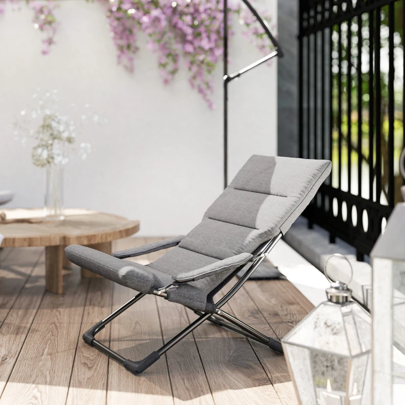 Outsunny Chaise pliante extérieur, chaise pliante camping avec coussin épais rembourré et accoudoir, gris