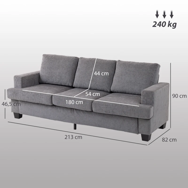 HOMCOM 3-zits Sofa, Woonkamerbank voor 3 personen, Stoffen bekleding, Stalen frame, Geplofte sofa, Grijs