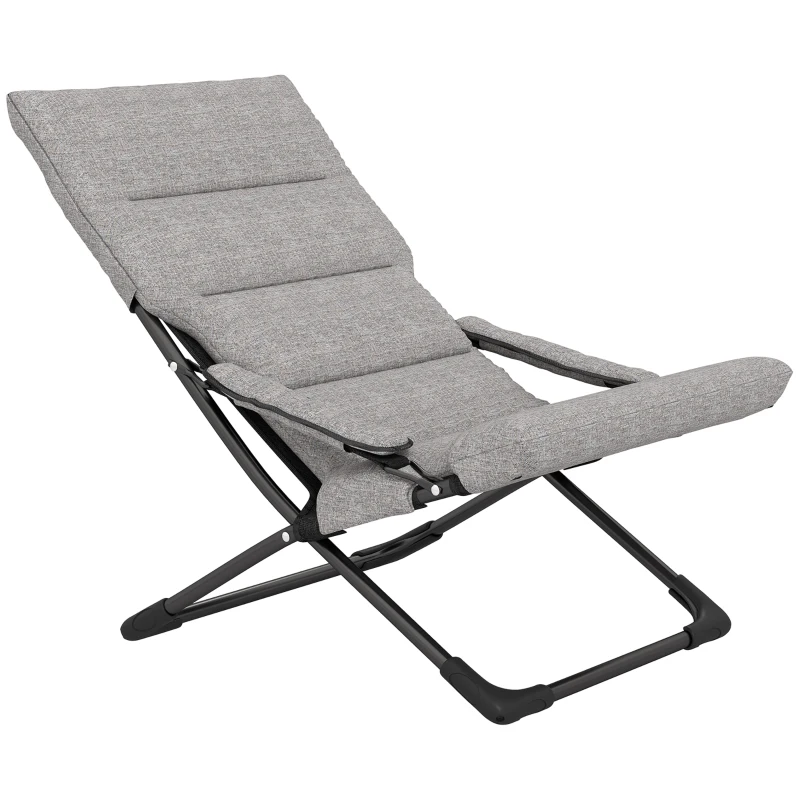 Outsunny Cadeira de Campismo Dobrável Cadeira de Jardim Portátil com Almofada Acolchoada Removível e Apoio para os Braços Estrutura de Aço para Terraço Praia Exterior 66x94x79cm Cinza