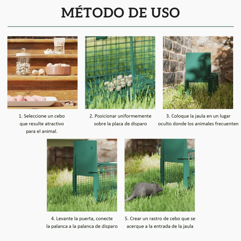 Outsunny Trampa para Animales Vivos con Puerta Jaula de Captura Metálica con Asa para Conejos Visones Pequeños 60x18x20 cm Verde Oscuro