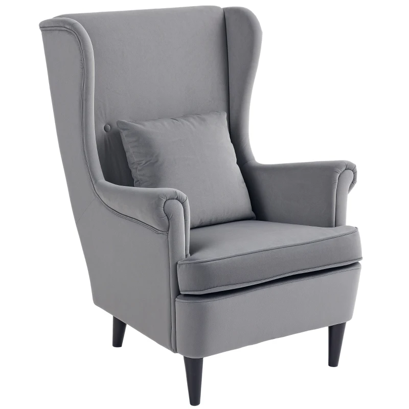 HOMCOM Modern Accent Chair, Upholstered Wingback Armchair with High Backrest and Pillow, Velvet-Feel Fabric Reading Chair with Solid Wood Legs for Living Room, Bedroom, Home Office, Dark Grey