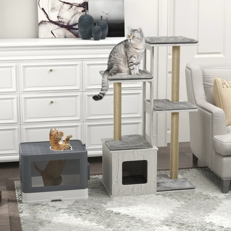 PawHut Conjunto para Gatos com Arranhador para Gatos 114 cm com Múltiplas Plataformas e Caixa de Areia Coberta Cinza