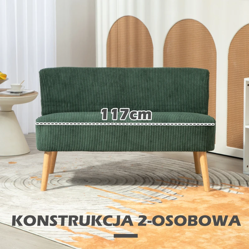HOMCOM Sofa Wypoczynkowa 2-osobowa, Drewno, Welurowy Poliester, Pianka, 117 x 56,5 x 77 cm, Zielona