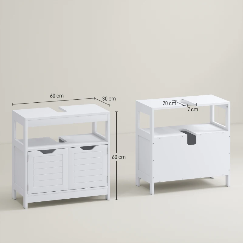 kleankin Armario para Debajo de Lavabo Gabinete de Baño con Estante 2 Puerta de Almacenamiento Dispositivo Antivuelco Resistente a la Humedad 60x30x60 cm Blanco