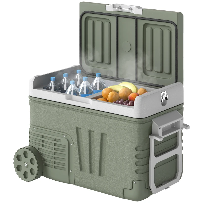 Outsunny Frigorifero da Campeggio da 33 L, Frigo da Viaggio, Frigo Portatile con 2 Scomparti e Ruote, Plastica, Verde