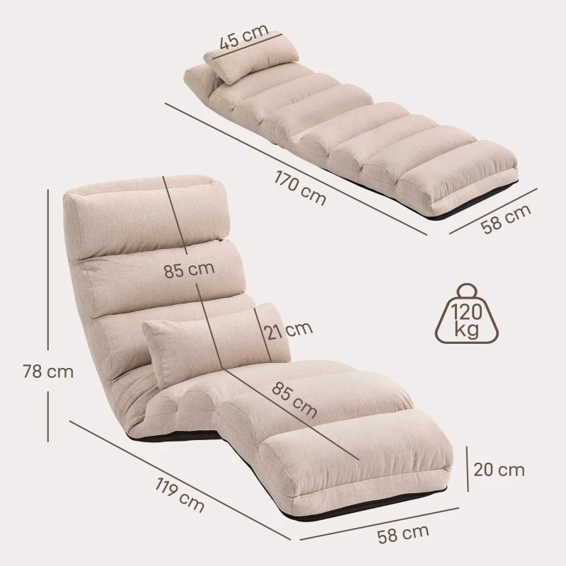 HOMCOM Chauffeuse 1 place fauteuil convertible avec dossier et appui-tête réglables sur 5 positions, 58x119x78cm, beige(m-3)