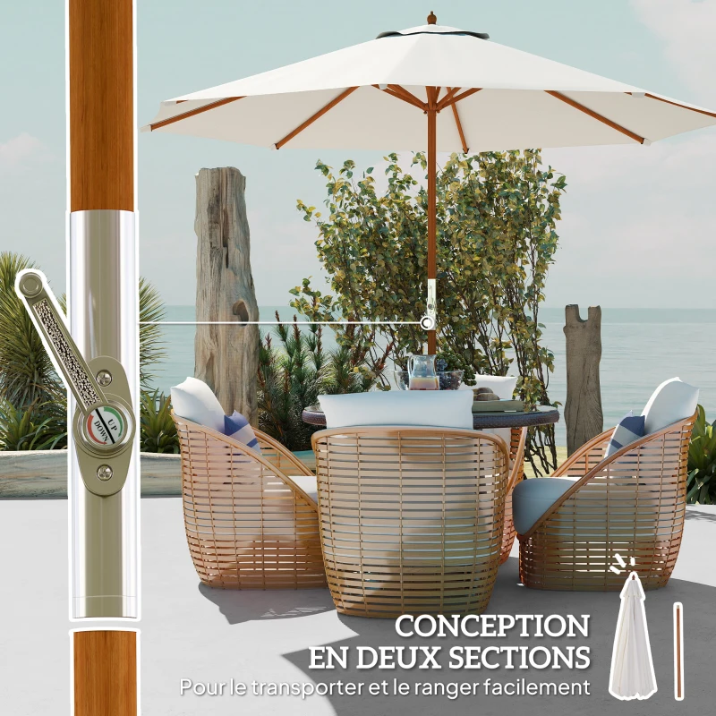 Outsunny Parasol de jardin extérieur rond Ø 2,7 x 2,5 m avec ouverture fermeture manivelle, mât en bois, toile 180 g/m², beige