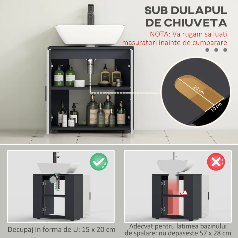 kleankin Dulap sub Chiuveta, Dulap de Baie, Dulap de Depozitare pentru Chiuveta pentru Podea cu Usi Duble si Rafturi, 60 x 30 x 60 cm, Gri Deschis
