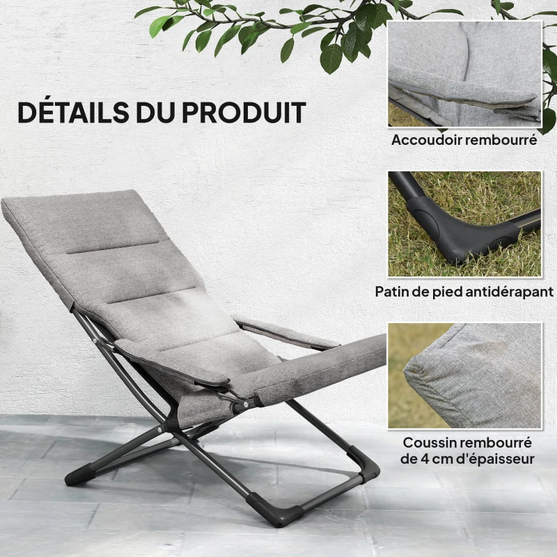 Outsunny Chaise pliante extérieur, chaise pliante camping avec coussin épais rembourré et accoudoir, gris