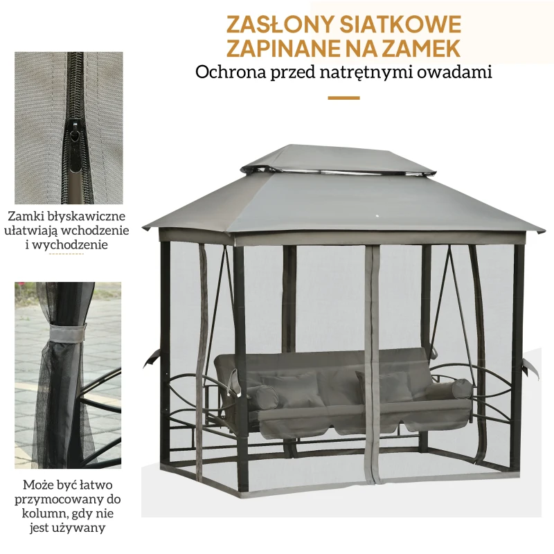 3-osobowa huśtawka z dachem Huśtawka ogrodowa Pawilon ścianki boczne funkcja odchylania