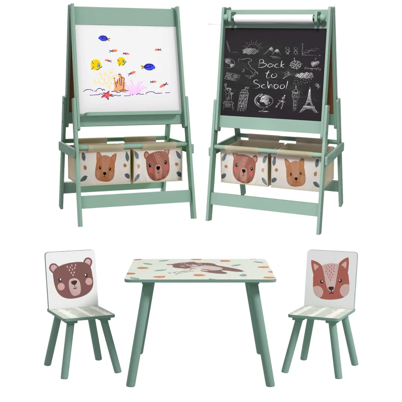 ZONEKIZ Conjunto para Crianças Inclui 1 Mesa com 2 Cadeiras Infantis e 1 Cavalete 3 em 1 com Cestos de Armazenamento Desenho de Animais Verde