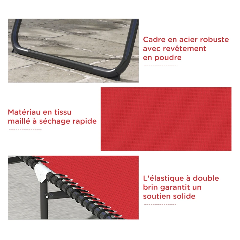 Outsunny Bain de Soleil transat Pliable Dossier inclinable Multi-Positions Acier thermoplastique Lacets élastiques Noir textilène Rouge