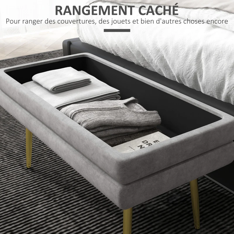 HOMCOM Banc banquette coffre de rangement 2 en 1 assise aspect velours et pieds acier - 79,5L x 37,5P x 43H cm gris et doré