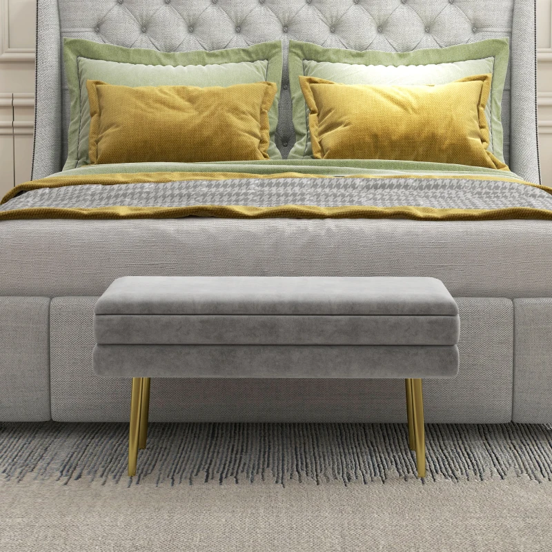HOMCOM Banc banquette coffre de rangement 2 en 1 assise aspect velours et pieds acier - 79,5L x 37,5P x 43H cm gris et doré