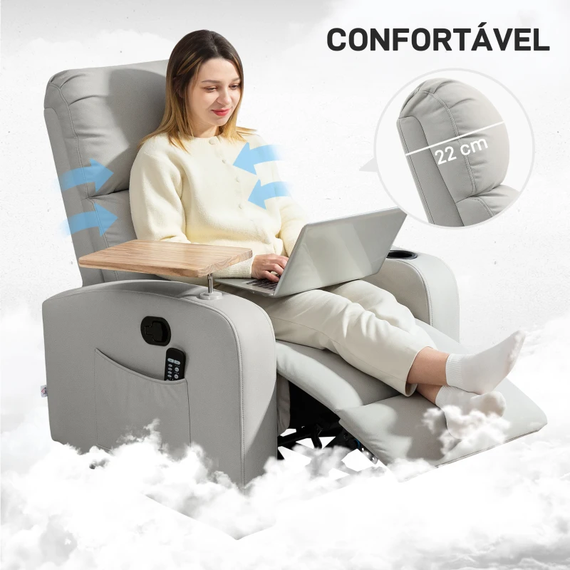 HOMCOM Poltrona de Massagem Poltrona Relax Elétrica com 4 Modos de Vibração Reclinação 145° Mesa 2 Bolsos Laterais 77x93x105 cm Cinza