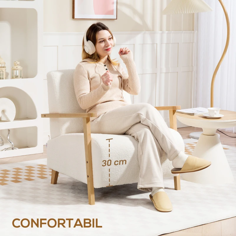 HOMCOM Fotoliu de Living din Material Sherpa și Lemn Stil Nordic, Crem