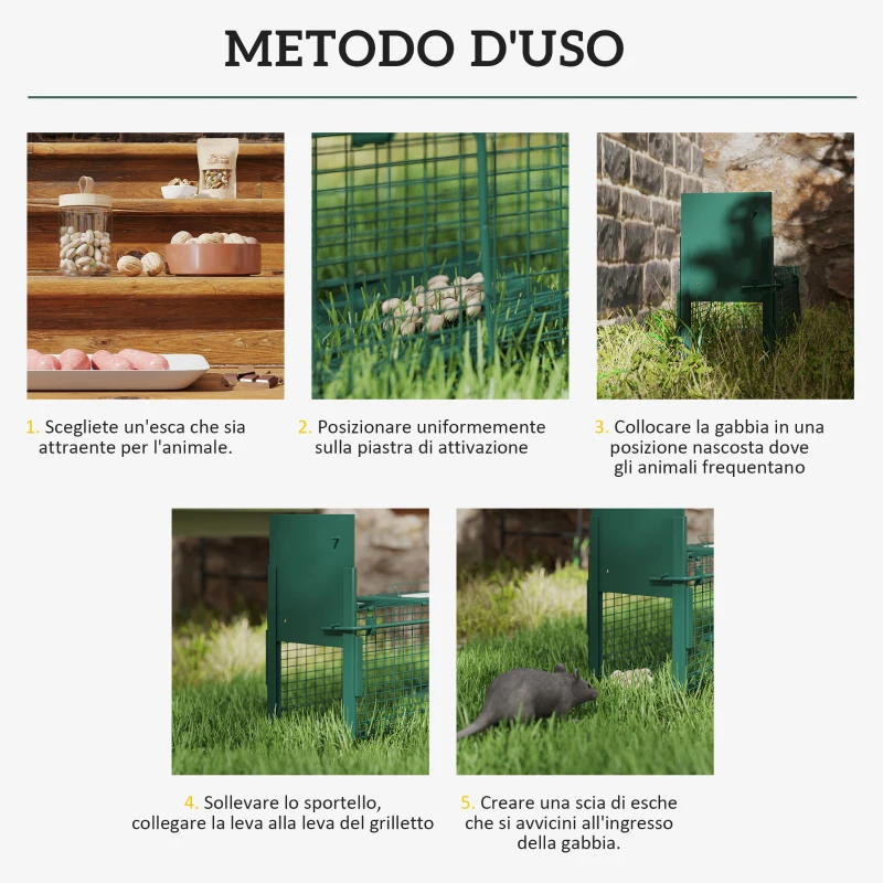 Outsunny Gabbia Trappola per Ratti, Topi e Nutrie con Porta Singola, 60x18x20cm, Verde