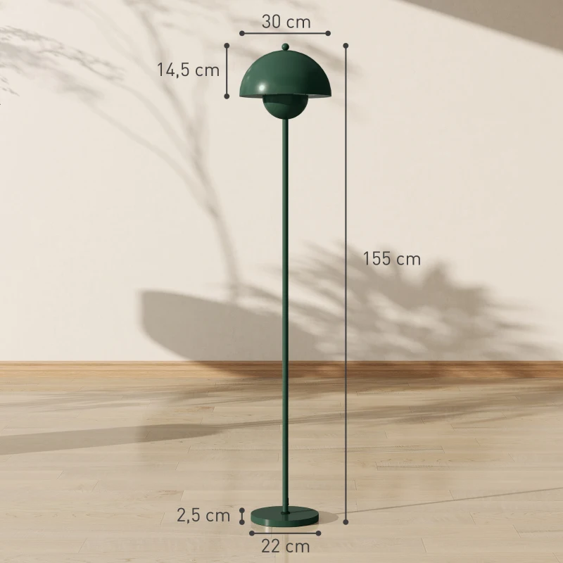HOMCOM Vloerlamp, Ronde Kap, Voetenschakelaar, Lange Kabel, Elegante Uiterlijk, Staal, Groen(m-3)