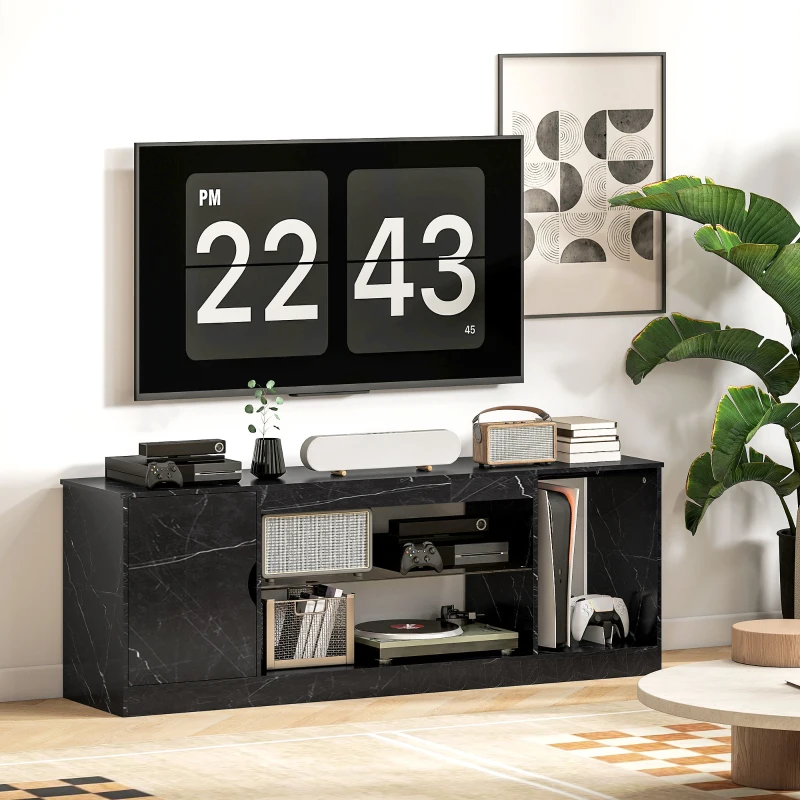 HOMCOM TV Stand Cabinet, Marble Effect TV Unit for up to 55" TVs with Glass Shelf and Storage Cabinet, Entertainment Unit for Living Room, Bedroom, Black