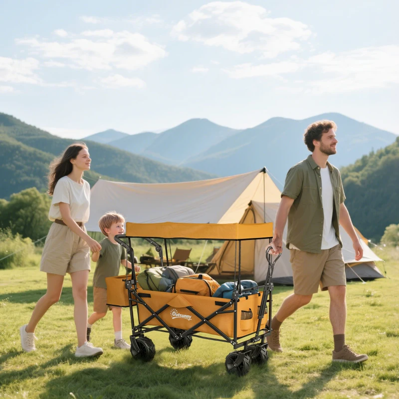 Outsunny 120L Festival Trolley on Wheels, Folding Camping Trolley Cart with Removable Canopy, All-Terrain Wheels, Adjustable Handle, Push or Pull for Garden Beach Fishing Shopping, Orange