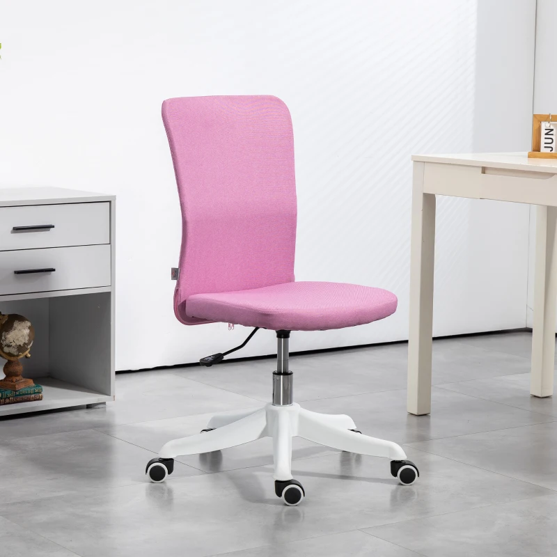HOMCOM Cadeira de Escritório sem Apoio para os Braços Estofada em Linho Sintético com Altura Ajustável 53x43x85-93 cm Rosa