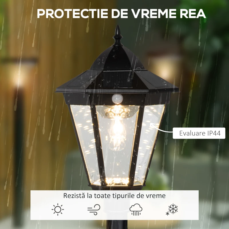 Outsunny Stâlp Solar de Grădină cu Lumină LED și Senzor de Mișcare, Negru