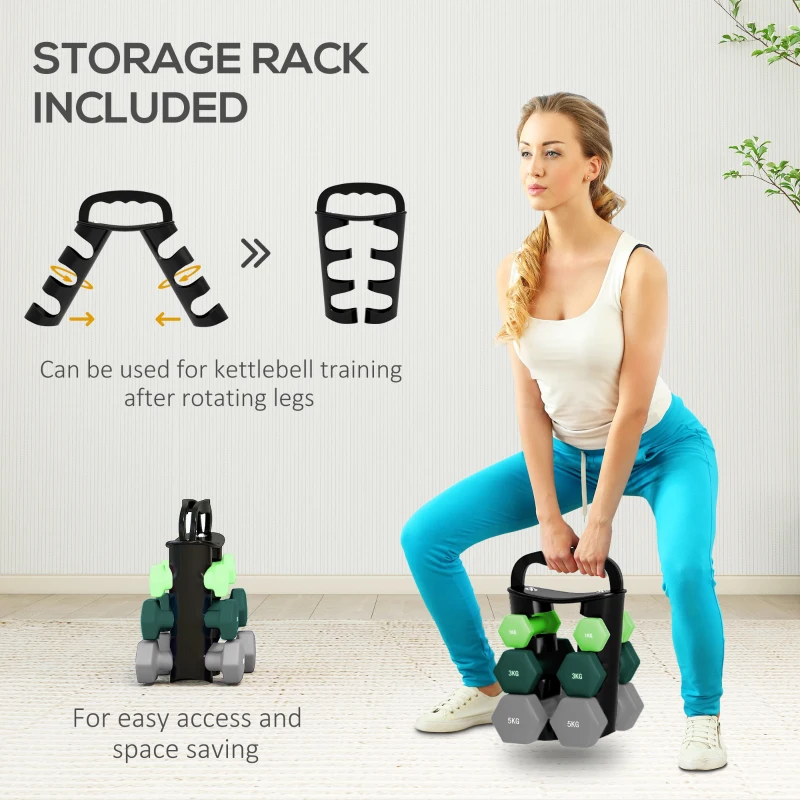 SPORTNOW Dumbbells Set with Storage Rack, 2 x 1kg, 2 x 3kg, 2 x 5kg, Green