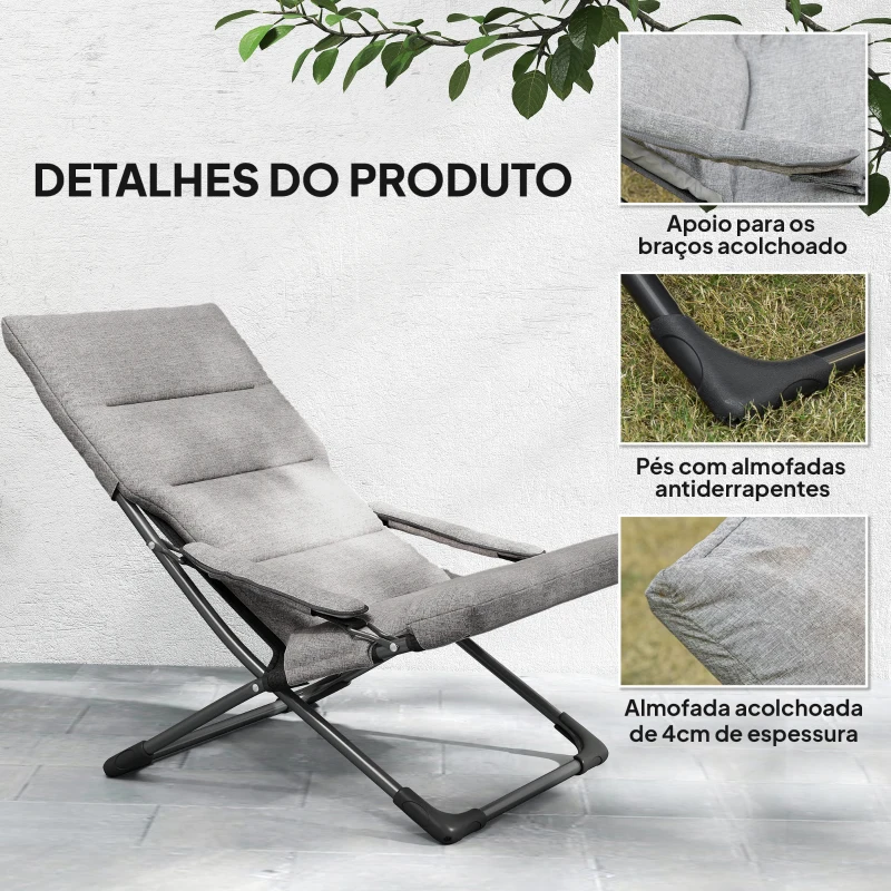 Outsunny Cadeira de Campismo Dobrável Cadeira de Jardim Portátil com Almofada Acolchoada Removível e Apoio para os Braços Estrutura de Aço para Terraço Praia Exterior 66x94x79cm Cinza