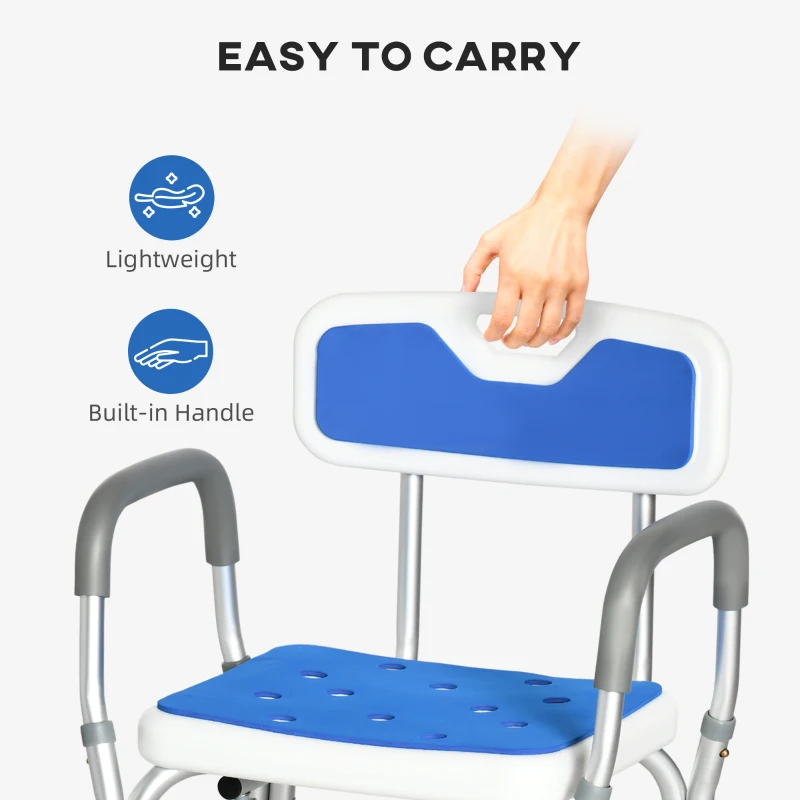 HOMCOM EVA Padded Shower Chair for the Elderly and Disabled, Height Adjustable Shower Stool with Back and Arms, 4 Suction Foot Pads, Blue(m-7)