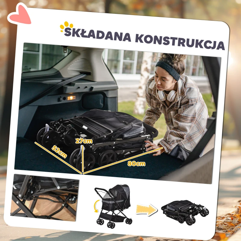 PawHut Wózek dla Małych Psów i Kotów z Oknami z Siatki, Czarny, Oxford, 76,5 x 52 x 95 cm