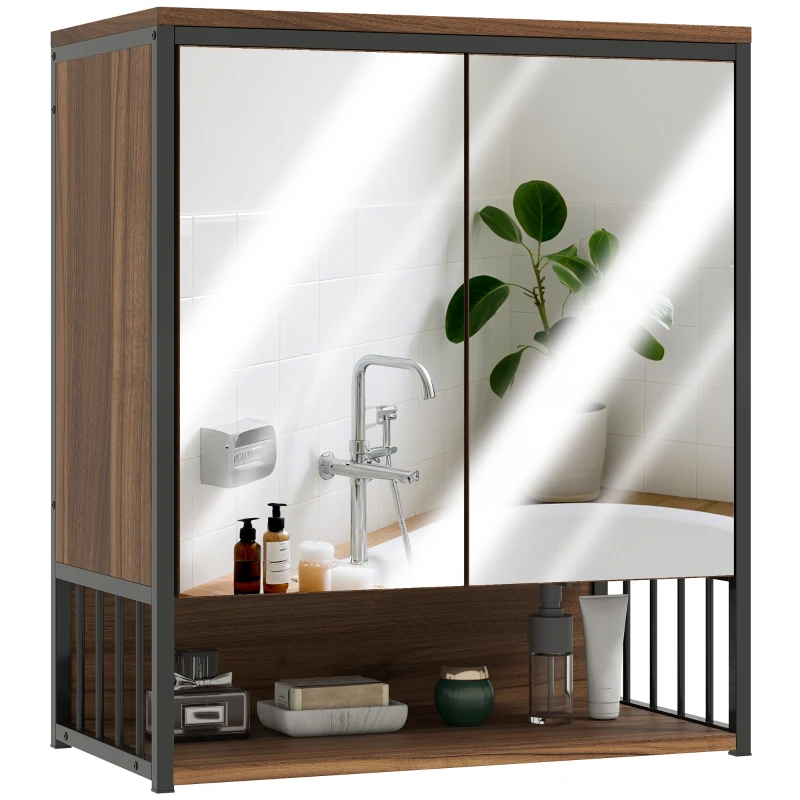 HOMCOM Armoire murale salle de bain avec miroir meuble salle de bain avec compartiment ouvert porte à fermeture amortie marron