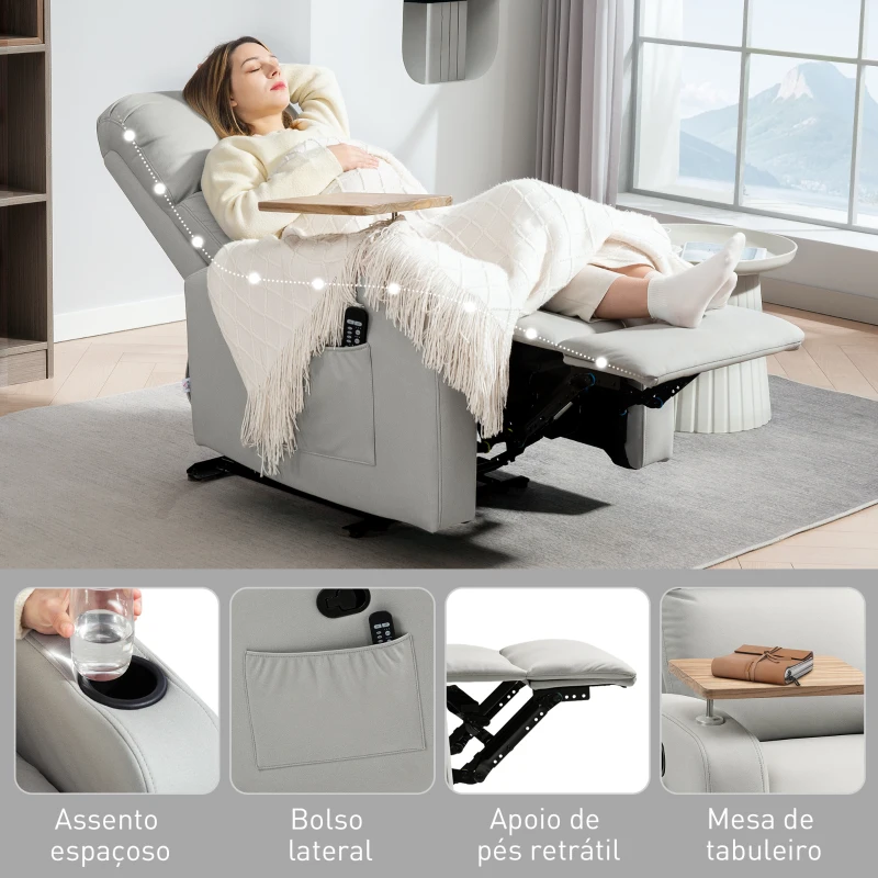 HOMCOM Poltrona de Massagem Poltrona Relax Elétrica com 4 Modos de Vibração Reclinação 145° Mesa 2 Bolsos Laterais 77x93x105 cm Cinza