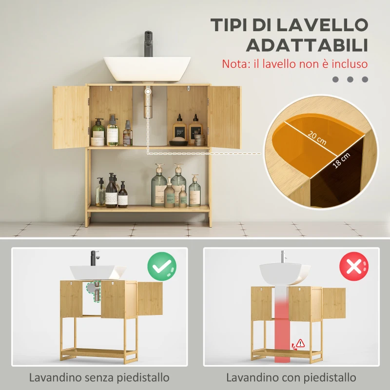 HOMCOM Mobile Sottolavabo Bagno con 2 Ante e Ripiano Aperto, Intaglio a U per Tubi, 70x33x79.5cm, Colore Legno