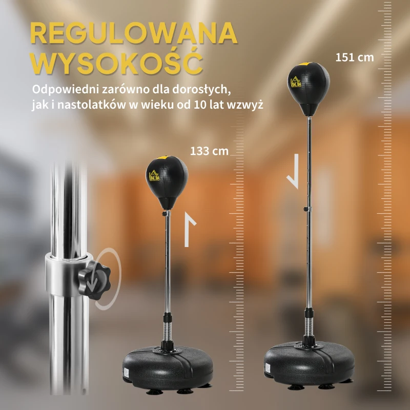 HOMCOM zestaw z gruszką bokserską stojak fitness worek bokserski zestaw treningowy z regulacją wysokości 133-151 cm z 1 parą rękawic odpowiedni dla profesjonalistów i początkujących kolor czarny | Aosom