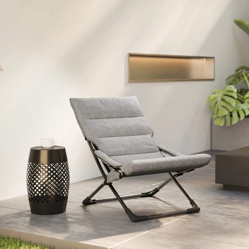 Outsunny Chaise pliante extérieur, chaise pliante camping avec coussin épais rembourré et accoudoir, gris