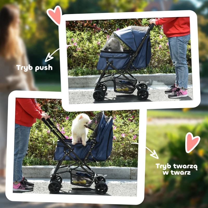 PawHut Hundebuggy składany, 1 kosz, 2 hamulce, zabezpieczenie, Niebieski