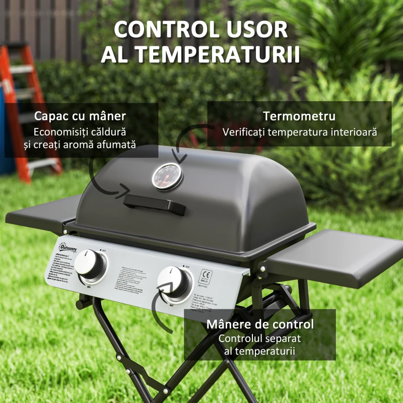 Outsunny Barbecue pe Gaz 2 Arzătoare, 2 Rafturi, Capac și Termometru Negru
