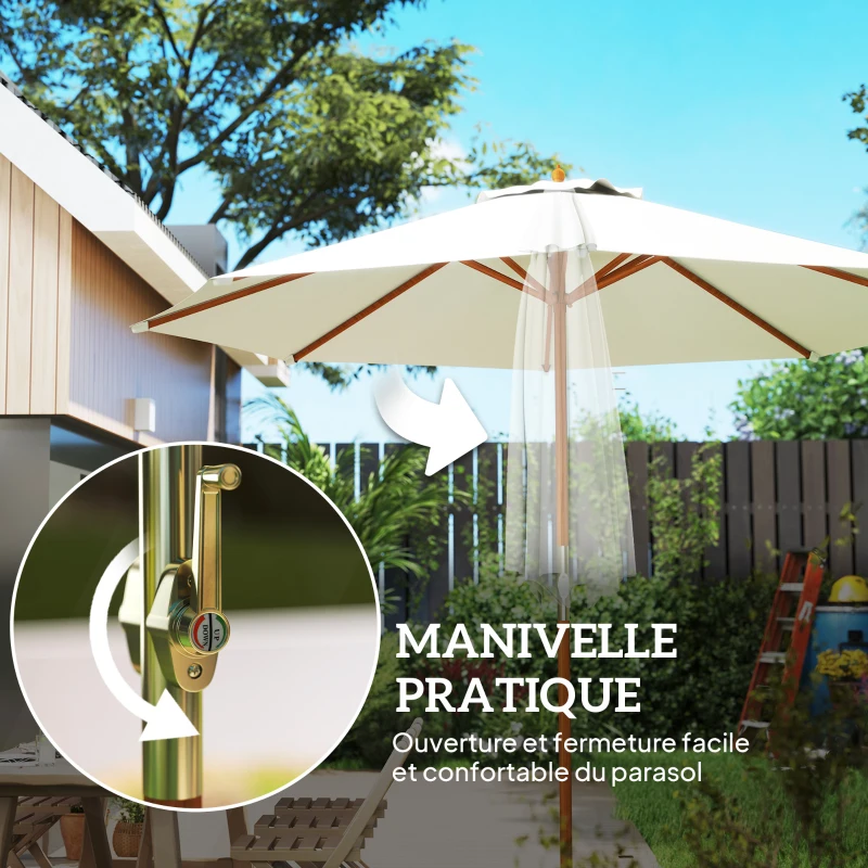 Outsunny Parasol de jardin extérieur rond Ø 2,7 x 2,5 m avec ouverture fermeture manivelle, mât en bois, toile 180 g/m², beige