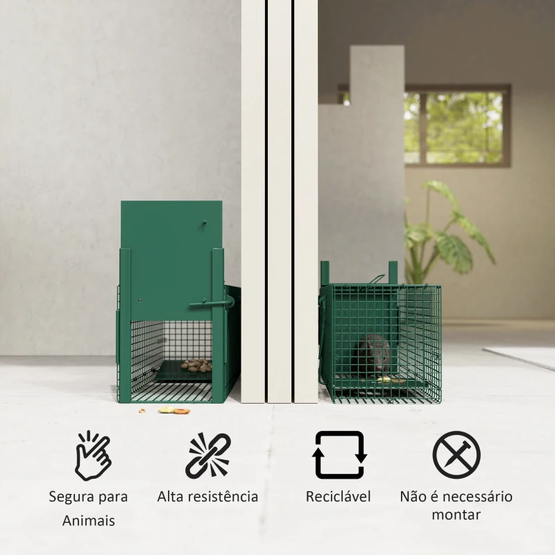 Outsunny Armadilha para Animais Vivos com Porta Gaiola de Captura com Alça de Transporte para Coelhos Raposas Pequenas 60x18x20cm Verde Escuro